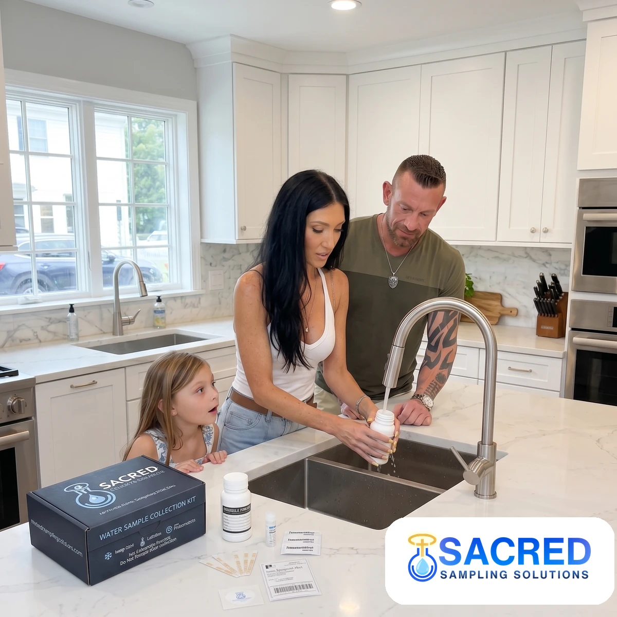 A family collecting a water sample at the kitchen sink with a Sacred Sampling Solutions test kit on the counter